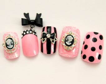 Sweetie Pie Kawaii Fake Nails | Lolita Gyaru Princess Cosplay Press On Nails | Kawaii Japanese 3D Nails | Cute Japanese Style Fake Nails