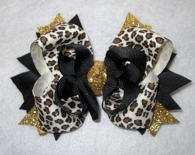 Leopard Hair Bow, Leopard Hairbow, Gold Leopard Bow, Boutique Hair Bows, Gold Glitter Bows, Girls Hair Bows, Girls Hairbows, Cheetah Bows