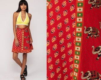 Wrap Skirt Boho Hippie ELEPHANT Mini Indian Cotton Animal Print 90s Bohemian Festival Red Ethnic Vintage Small Medium Large xs