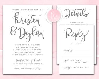 Printable Wedding Invitation, Wedding Invite, Digital Invitation Suite, Modern Brush Script, Color Customizable | DIGITAL PRINTABLE
