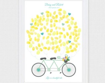 tandem bike wedding fingerprint guest book - printable file - bicycle, engagement party, balloon, customised personalised art keepsake, ride