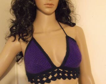 Hand Crochet Cropped Top, Festival top, Cropped Halter Top, Spiral Design, Summer Halter Top, Club Wear, hippie festival top, Purple Navy