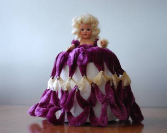 vintage purple chenille pipe cleaner doll - toilet paper cover - 1960's - kitsch