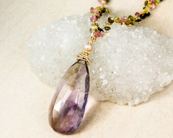 Natural Purple Ametrine Teardrop Necklace on Rainbow Tourmaline Chain