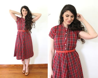 1940s Dress / 40s Red Plaid Dress