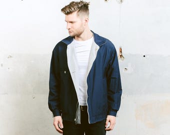 Mens Bomber Jacket . Vintage 90s Blue Grey Reversible Jacket Zip Up Retro Jacket Outerwear Casual Jacket . size Large L
