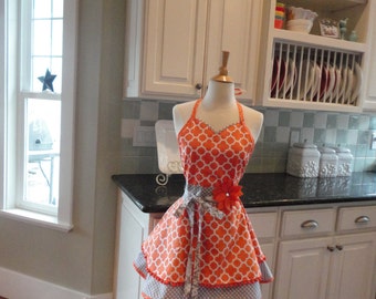 Tangerine Time - READY TO SHIP ~ Full Women's Apron ~ Tangerine/Gray ~ Sadie Style ~ 4RetroSisters