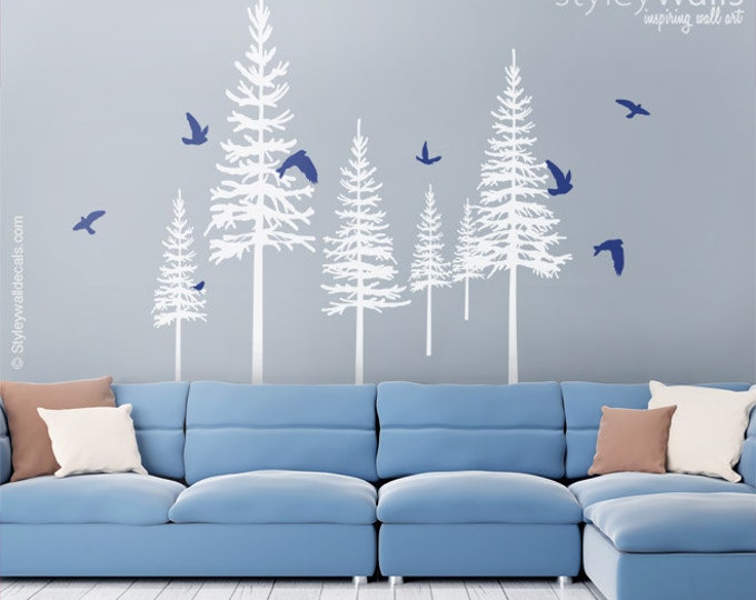 Pine Trees Wall Decal, Winter Trees Wall Decal, Forest Trees Wall Decal, Wall Sticker, Trees and Birds Wall Decal Living Room Decor