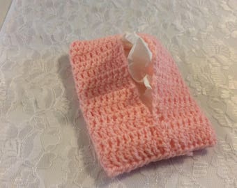 Vintage Handmade Pink Crochet Tissue Holder, Pocket Size, Purse Size, Travel Tissue Pouch