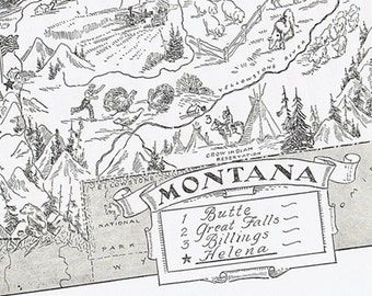MONTANA MAP Vintage, Charming, Whimsical, Adorable, Beautifully Illustrated, Perfect for Framing, Billings, Butte, Great Falls, Dude Ranch