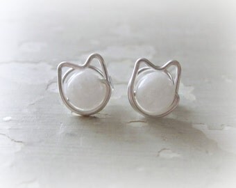 Cat Stud Earrings, Sterling Post Earrings, Crazy Cat Lady, Pet Lover Gift, White Cat Studs, Cat Lover Gift, Cat Jewelry, Hypoallergenic