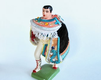 Vintage Traditional Mexican Fighter Figurine- Painted Plaster with Ornate Costume