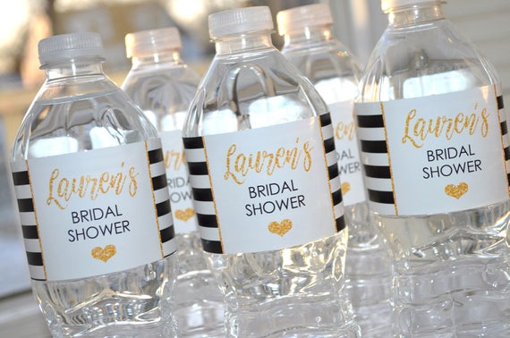 Bridal Shower Water Bottle Labels, Bachelorette Party, Wedding, Engagement Party, Bachelorette Party, Gold & Black Stripe - Set of 10 Il_570xn