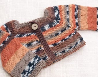 Waldorf Doll Clothes -Hand knitted Sweater Brown/Orange/Black/Beige colors, fit 15- 17 inch size