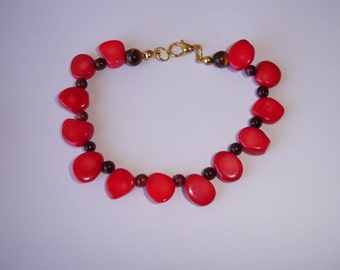 Bracelet perles baroques bambou teinté rouge, oeil de taureau et oeil de tigre
