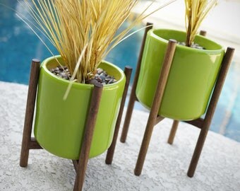 Staggered Pair of Ceramic Planters & Quad Base Walnut Stands - Mid Century Modern Eames Era Bullet Vintage Style Pottery Walnut PS