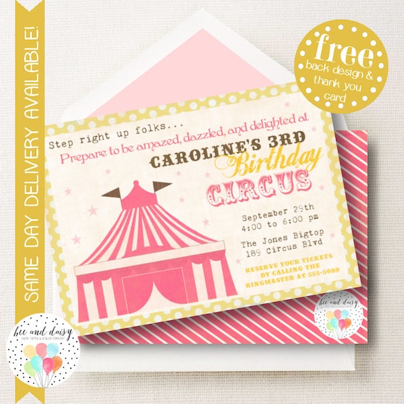 Pink Circus Invitation, Circus Birthday Invitation, Circus Birthday Party, Circus Party Invitation, Circus Baby Shower BeeAndDaisy Il_570xn