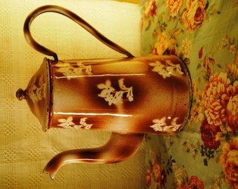 Enameled French COFFEE POT Stencil Flowers BROWN
