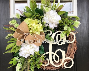 BEST SELLER! Spring Wreaths for Front Door, Front Door Wreath, Monogram Door Wreaths, Hydrangea Wreaths, Grapevine Wreath, Farm House Wreath