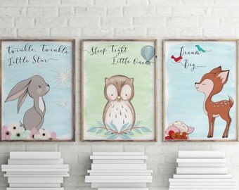 Woodland animal print, nursery prints, 3 pack, nursery wall art, woodland animals, wall art, nursery decor