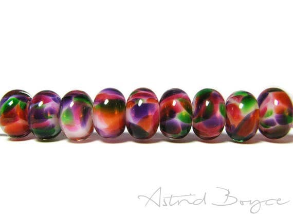 Mardi Gras Artisan Glass Lampwork Bead Set - Bright Happy Colors Bursts - Celebration - Includes Greenery Pantone Color of the Year for 2017