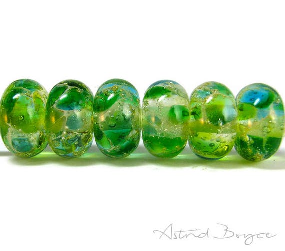 Greenery Sparkle Spacer Beads Artisan Lampwork Beads Set of Six -Free USA Shipping-Pantone Greenery-Pantone 2017 Color of the Year