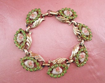 Summer Flower Bracelet is OOAK Handmade with Vintage, Wife Jewelry Idea with Peridot Rhinestones, Hearts and Flowers in Gift Box