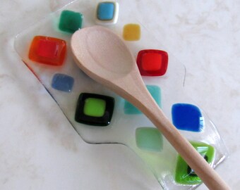 Fused Glass Spoon Rest, Bright Colorful Glass Diamonds, Modern Colorful Spoon Rest, Glass Spoon Rest in Blue, Turquoise, Red, and Green