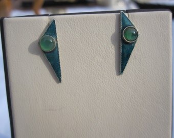 Blue Green Enamel Silver Post Earrings