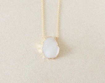 White Druzy Necklace - Gold Necklace - Pendant Necklace - Druzy Jewelry