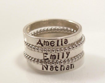 Sterling Silver Stacking Name Ring- personalized ring SET OF 5 -Hand Stamped Ring -Size 5, 6, 7, 8, 9, 10