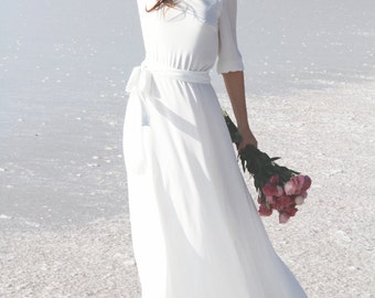 White maxi crepe chiffon dress with scoop back