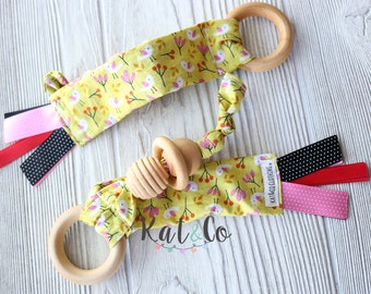 Ready to ship Natural maple teething ring in organic citron birds fabric. Can be personalized.