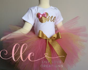 Pink and gold Minnie mouse birthday outfit - pink and gold birthday theme - pink and gold Minnie mouse birthday - minnie mouse 1st birthday
