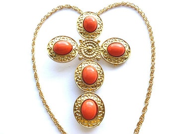 CORAL QUEEN Size NOS Goldtone Cross & Brooch, Faux Coral Goldtone Cross, New Old Stock Goldtone Faux Coral Cross, Coral Cross Necklace