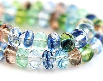 4x7mm Rondelle beads mix in Blue and Jewel tones, czech glass gemstone cut spacers, fire polished donut, rondel - 25Pc - 0844