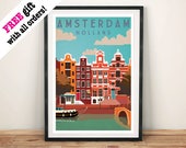 Póster de viaje de Ámsterdam: Vintage Holland Art Imprimir pared colgando