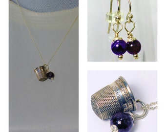 Antique Thimble and Acorn Kisses for Wendy Necklace and Earrings Set Solid Sterling Silver and Amethyst - Peter Pan and Wendy