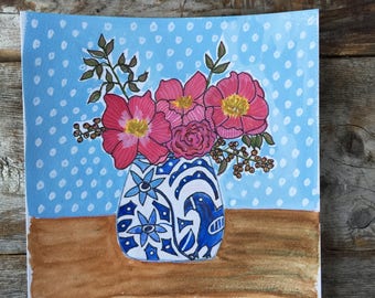Original Watercolor Gouache Painting of Roses