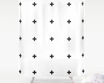 Premium Smooth FABRIC SHOWER CURTAIN White Black Swiss Crosses Neutral Urban Modern Minimalist Contemporary . Machine Wash Tumble Dry