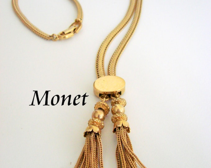 Vintage Monet Designer Signed Goldtone Slide Tassel Bolo Necklace Jewelry Jewellery