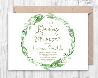 Greenery Wreath Baby Shower Invitation | green leaf baby shower| 2017 trends invites, green baby shower, leaves watercolor invitation branch