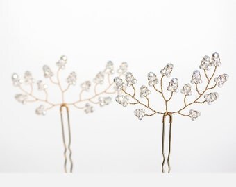 8222_White wedding hair pins, Crystals hair pins, Elegant hair pin gold, Bride hair pins, Bridal hair accessory, Transparent crystals pins