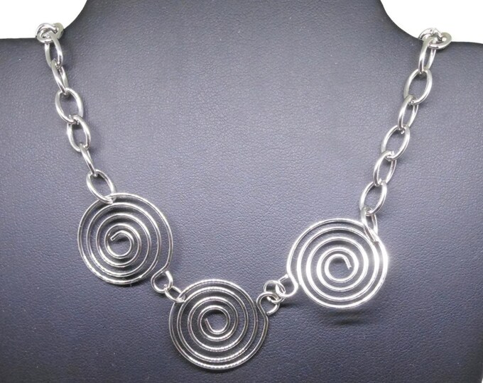 FREE SHIPPING Silver swirl necklace, silver tone swirls, wire wrapped links, silver link chain, industrial chic