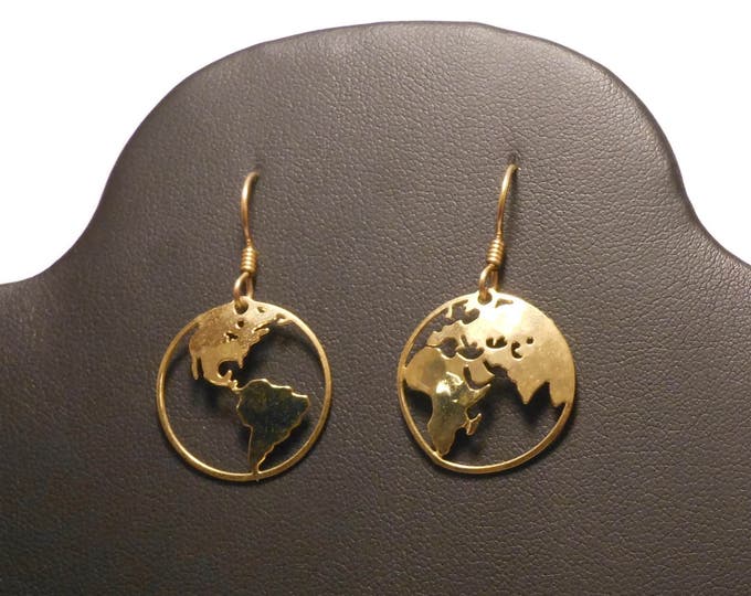 Wild Bryde earth earrings, gold plate continents, 14k plated wires, pierced french hooks, detailed etching, cutout work, world globe atlas