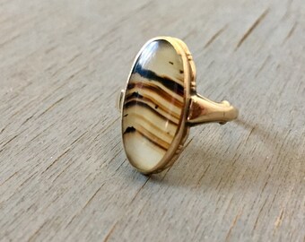 Victorian Gold Ring 10k Agate Stone Picture Agate Jasper Antique Fine Jewelry Gift for Her