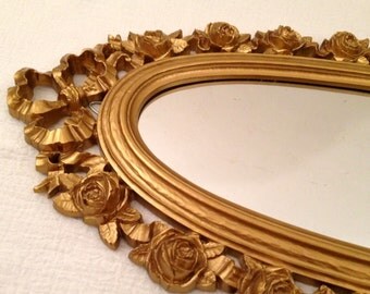 Vintage Syroco Hollywood Regency Gold Gilt Plastic MIRROR w ROSES & RIBBONS Tall Narrow