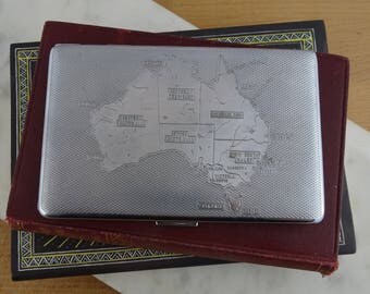 Vintage Mid Century Har Bro Cigarette Case, Map of Australia Design , Made in England, Art Deco Style Chrome Plated, 1940's