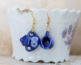 Delicate silver plated earrings with blue miniature porcelain tea set pieces, miniature cute shabby chic style tea pot earrings, gold plated