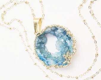 Long Aqua Druzy Necklace, Large Turquoise Natural Stone Pendant, Ocean Geode, Layering Jewelry, Beach Inspired